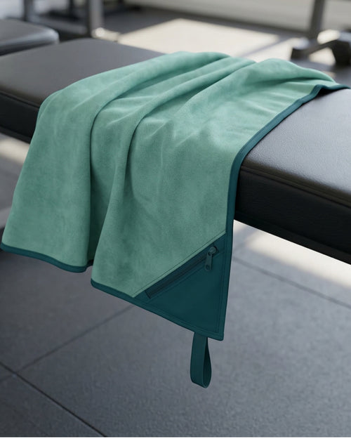 Lonby Suede Microfiber Fitness Towel with Zipper Pocket 82 x 34 cm Sea Green - Lifestyle view